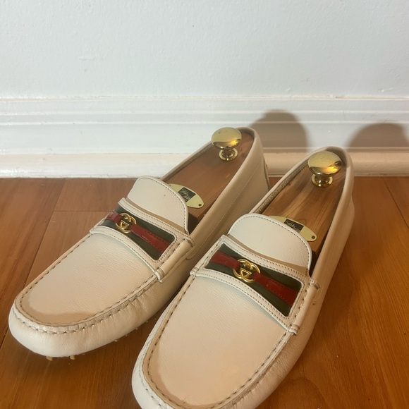 Cream Leather Slip-On Loafers with Gold Hardware - Picture 1 of 6